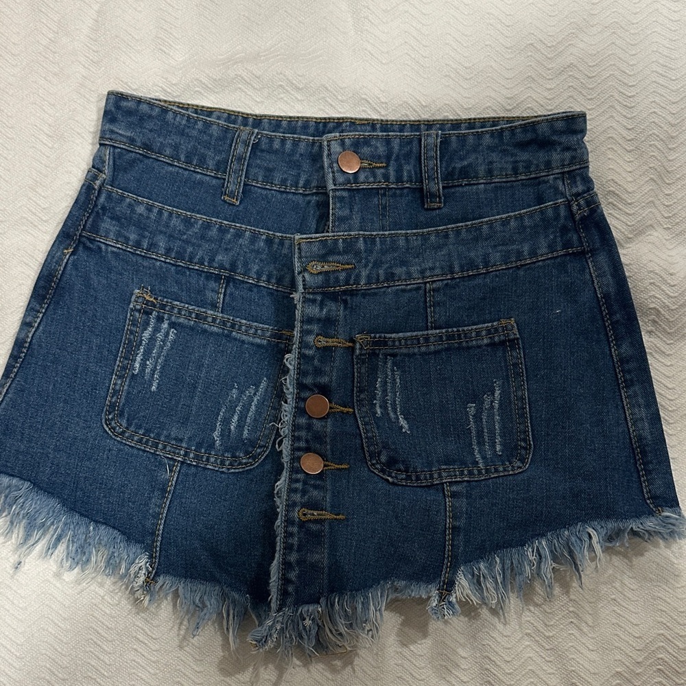 Denim Button-Up Distressed Shorts